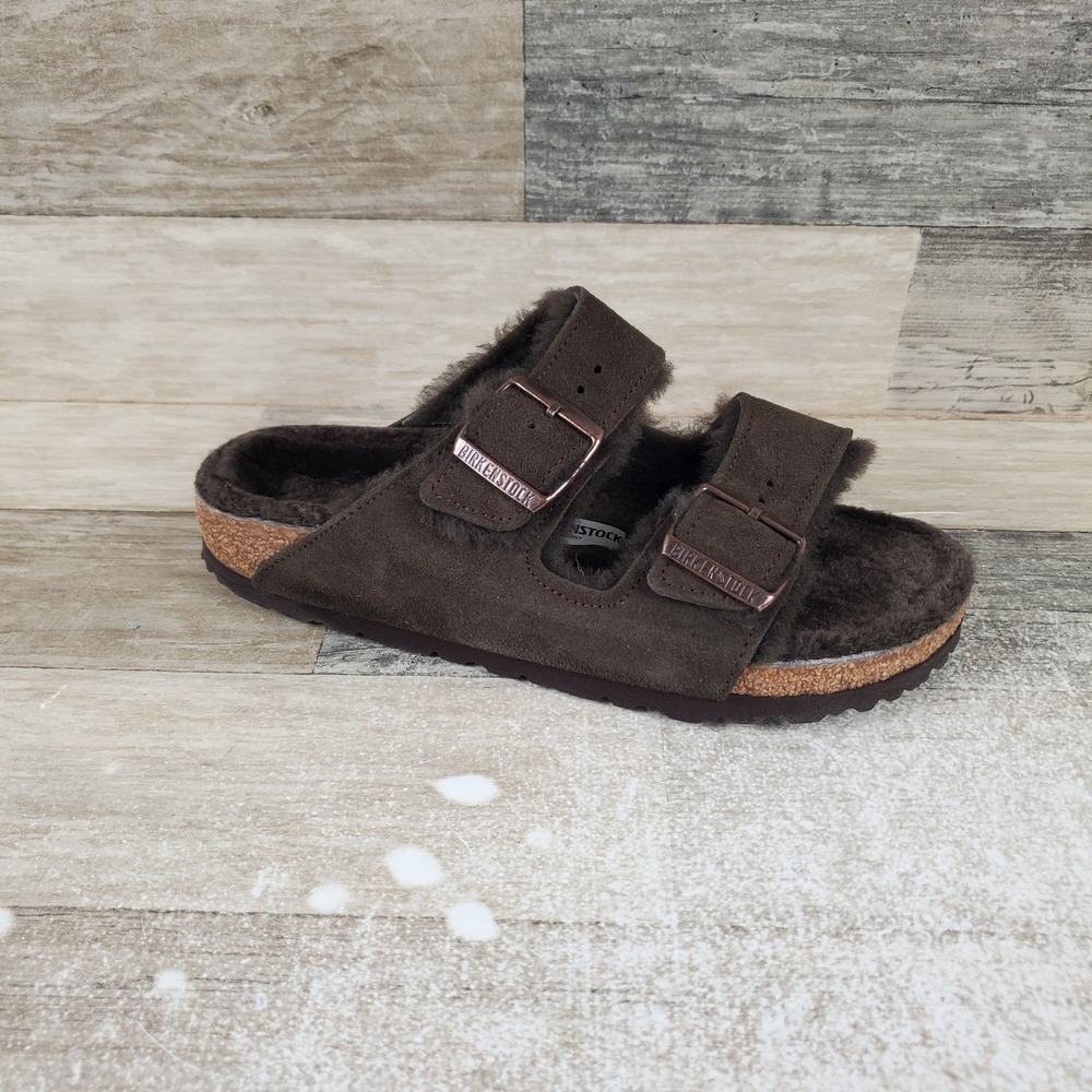 Birkenstock Arizona Shearling Womens Slide Sandals Sz 6 Narrow Mocha‎ Suede